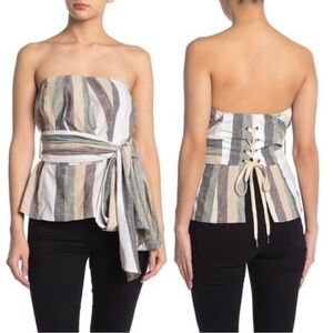 Anthropologie Current Air Strapless Lace Up Wrap Around Linen Stripe Top | XS